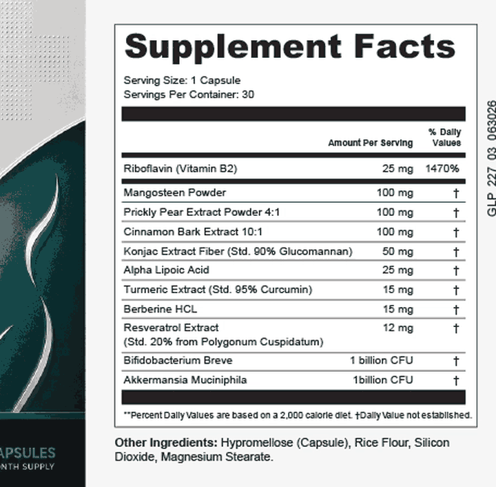 The printed Trimoryn Supplement Facts panel showing serving size, eleven actives with their amounts, and other ingredients